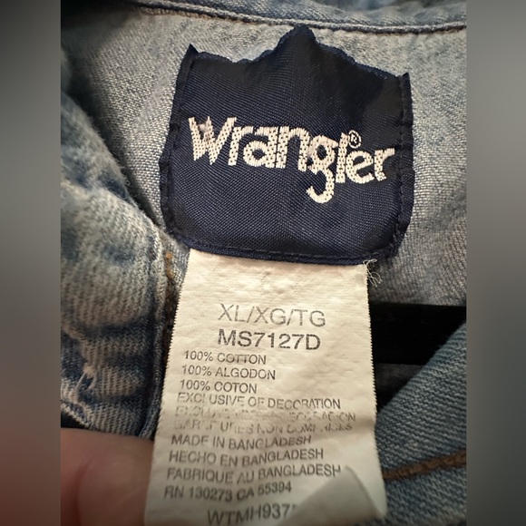 Vintage Wrangler Pearl Snap Blue Denim Shirt XL 90’s Western Jean Long Tail - Picture 7 of 9